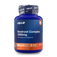 Blue Zipvit bottle of Beetroot Complex 3000 mg with potassium and vitamin B1. Contains 90 vegan-friendly capsules, providing a three-month supply at one capsule per day.