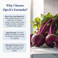 Fresh beetroot beside text explaining Zipvit’s formula: 3000 mg beetroot from a concentrated 25:1 extract, with added potassium and vitamin B1 to support energy, muscles and the nervous system.