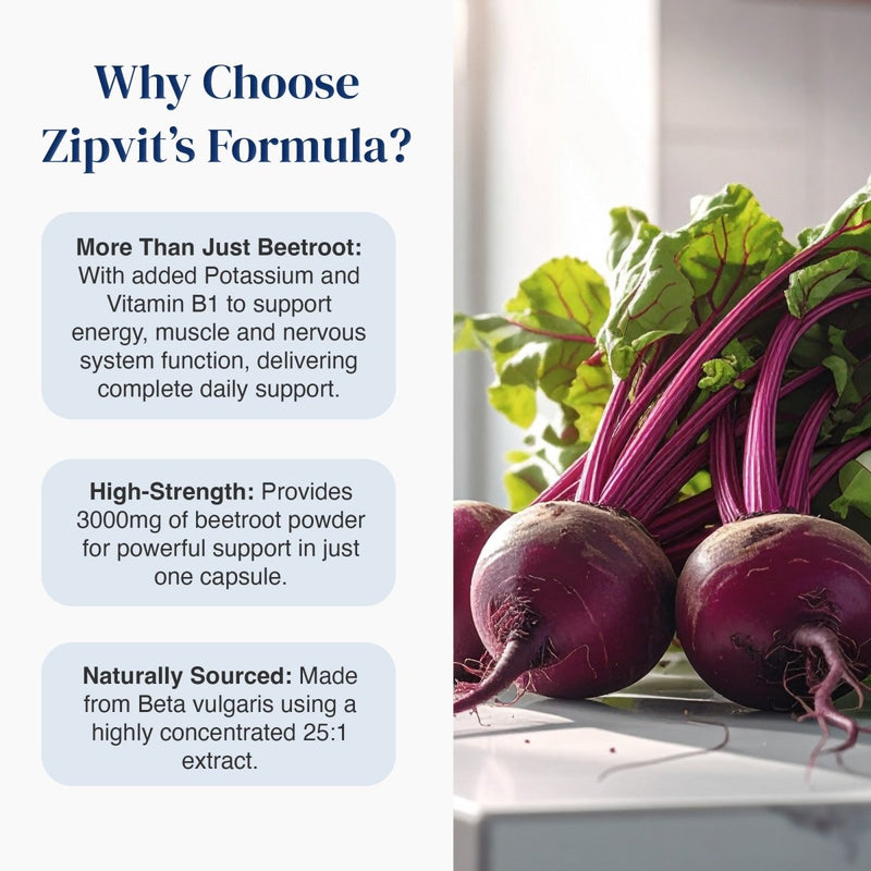 Fresh beetroot beside text explaining Zipvit’s formula: 3000 mg beetroot from a concentrated 25:1 extract, with added potassium and vitamin B1 to support energy, muscles and the nervous system.