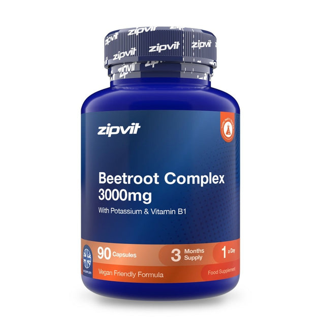 Blue Zipvit bottle of Beetroot Complex 3000 mg with potassium and vitamin B1. Contains 90 vegan-friendly capsules, providing a three-month supply at one capsule per day.