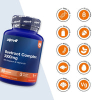 Zipvit Beetroot Complex 3000 mg bottle beside icons stating GMO free, gluten free, dairy free, nut free, wheat free, soya free, fish free, egg free, shellfish free and vegan.