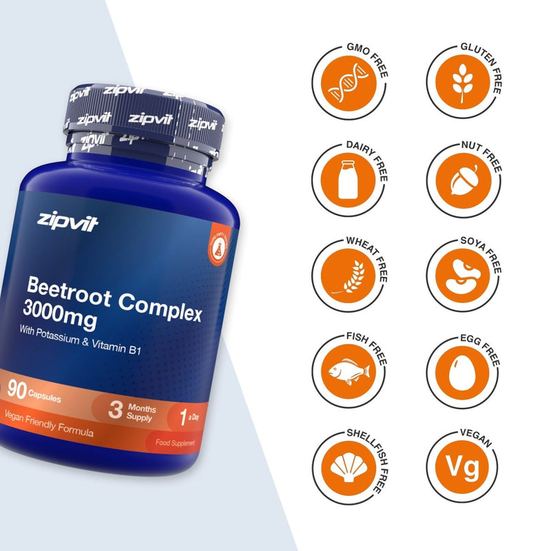 Zipvit Beetroot Complex 3000 mg bottle beside icons stating GMO free, gluten free, dairy free, nut free, wheat free, soya free, fish free, egg free, shellfish free and vegan.