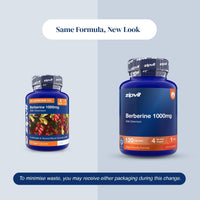 Two blue supplement bottles of zipvit Berberine 1000mg with Chromium are shown on a light gray background with text reading 'Same Formula, New Look' and a note about minimizing waste.