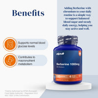 A bottle of zipvit Berberine 1000mg dietary supplement displayed on a white pedestal against a light blue and white graphic background with text detailing its benefits.