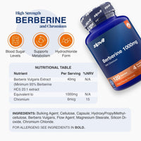 A bottle of zipvit Berberine 1000mg dietary supplement shown on a light gray background with informational text, icons, and a nutritional table. The bottle is dark blue with a black cap and orange label accents.
