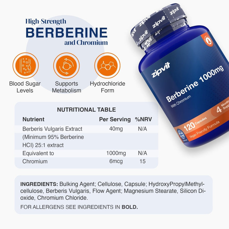 A bottle of zipvit Berberine 1000mg dietary supplement shown on a light gray background with informational text, icons, and a nutritional table. The bottle is dark blue with a black cap and orange label accents.