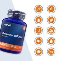 A blue bottle of zipvit Berberine 1000mg dietary supplement shown on a white background with multiple orange circular icons indicating dietary features like GMO Free, Gluten Free, Dairy Free, Nut Free, Wheat Free, Soya Free, Fish Free, Egg Free, Shell Fish Free, and Vegan.