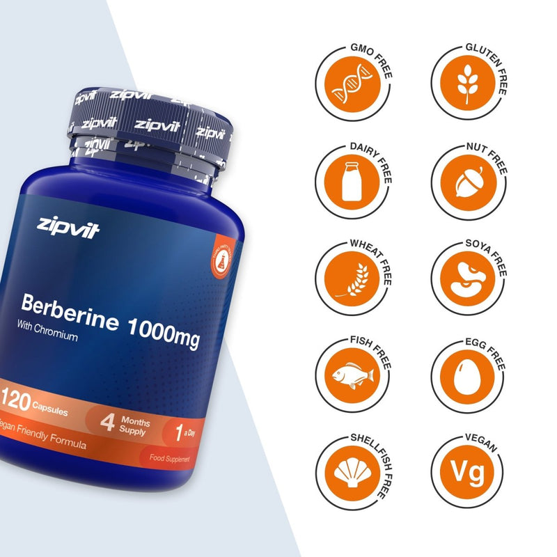 A blue bottle of zipvit Berberine 1000mg dietary supplement shown on a white background with multiple orange circular icons indicating dietary features like GMO Free, Gluten Free, Dairy Free, Nut Free, Wheat Free, Soya Free, Fish Free, Egg Free, Shell Fish Free, and Vegan.