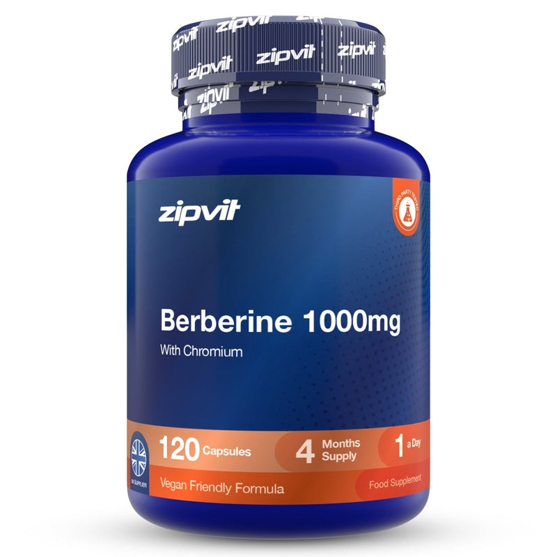 A blue plastic bottle of zipvit Berberine 1000mg dietary supplement with a black and white patterned cap, on a white background.