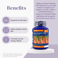 Benefits layout with eye health skin and energy icons beside a Beta Carotene 15mg bottle.