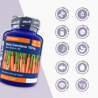 Blue Beta Carotene bottle with carrot label and a grid of allergen free icons including GMO free gluten free dairy free nut free wheat free soy free fish free egg free shellfish free vegan