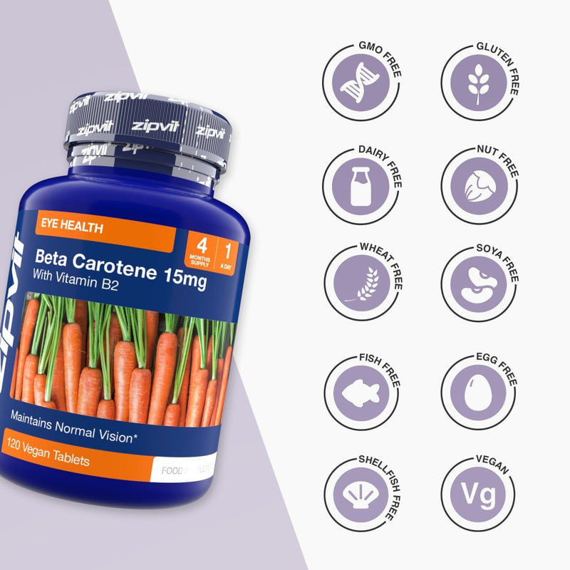 Blue Beta Carotene bottle with carrot label and a grid of allergen free icons including GMO free gluten free dairy free nut free wheat free soy free fish free egg free shellfish free vegan