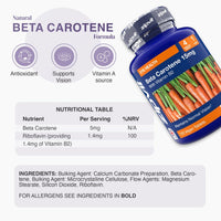 Blue Beta Carotene 15mg bottle angled with carrot imagery on the label and Vitamin B2 text