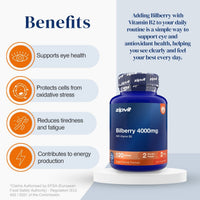A bottle of zipvit Bilberry 4000mg supplements displayed on a white pedestal against a light blue background, with a left-side 'Benefits' panel listing maternal health, reduced fatigue, cell function, and immune support.