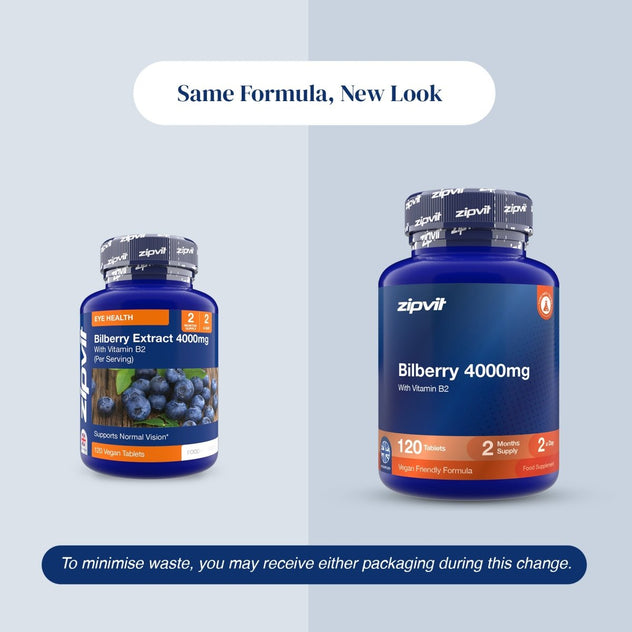 Two blue supplement bottles of zipvit Bilberry 4000mg on a split light gray background with text reading 'Same Formula, New Look' and a note about minimizing waste.
