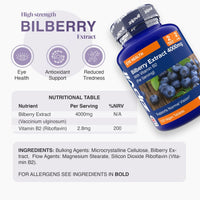 Bilberry Extract 4000mg bottle with blueberries and circular icons for Eye Health Antioxidant Support and Reduced Tiredness