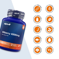 A blue bottle of zipvit Bilberry 4000mg dietary supplement shown on a white background with multiple orange circular icons indicating dietary features like GMO Free, Gluten Free, Dairy Free, Nut Free, Wheat Free, Soya Free, Fish Free, Egg Free, Shell Fish Free, and Vegan.