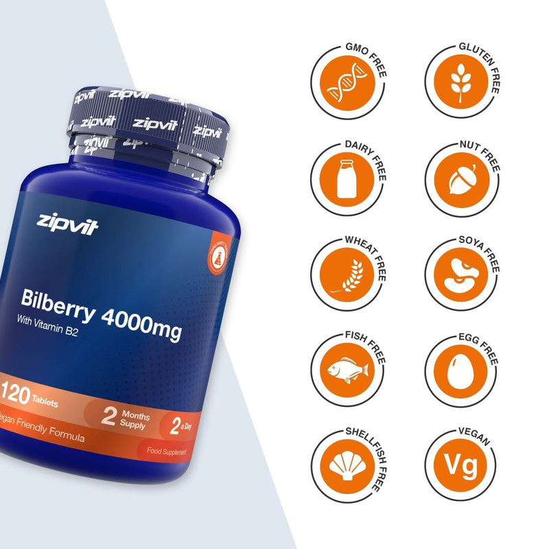 A blue bottle of zipvit Bilberry 4000mg dietary supplement shown on a white background with multiple orange circular icons indicating dietary features like GMO Free, Gluten Free, Dairy Free, Nut Free, Wheat Free, Soya Free, Fish Free, Egg Free, Shell Fish Free, and Vegan.