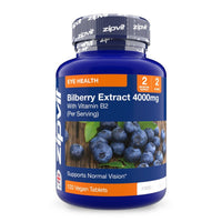 Blue bottle of Bilberry Extract 4000mg with Vitamin B2 and blueberries on the label