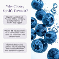 Why Choose Zipvit's Formula benefits page with blueberries on the right and text blocks about high strength extract and vitamin B2