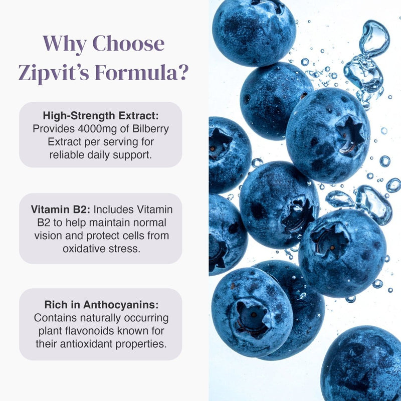 Why Choose Zipvit's Formula benefits page with blueberries on the right and text blocks about high strength extract and vitamin B2