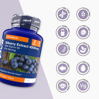 Bilberry Extract 4000mg bottle with circular icons indicating GMO Free Gluten Free Dairy Free Nut Free and other allergen free labels