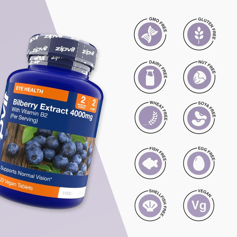 Bilberry Extract 4000mg bottle with circular icons indicating GMO Free Gluten Free Dairy Free Nut Free and other allergen free labels