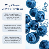Promotional graphic for Zipit's Formula highlighting key benefits: high-strength bilberry extract, Vitamin B2, and rich anthocyanins, paired with a visual of fresh blueberries floating in water on the right.