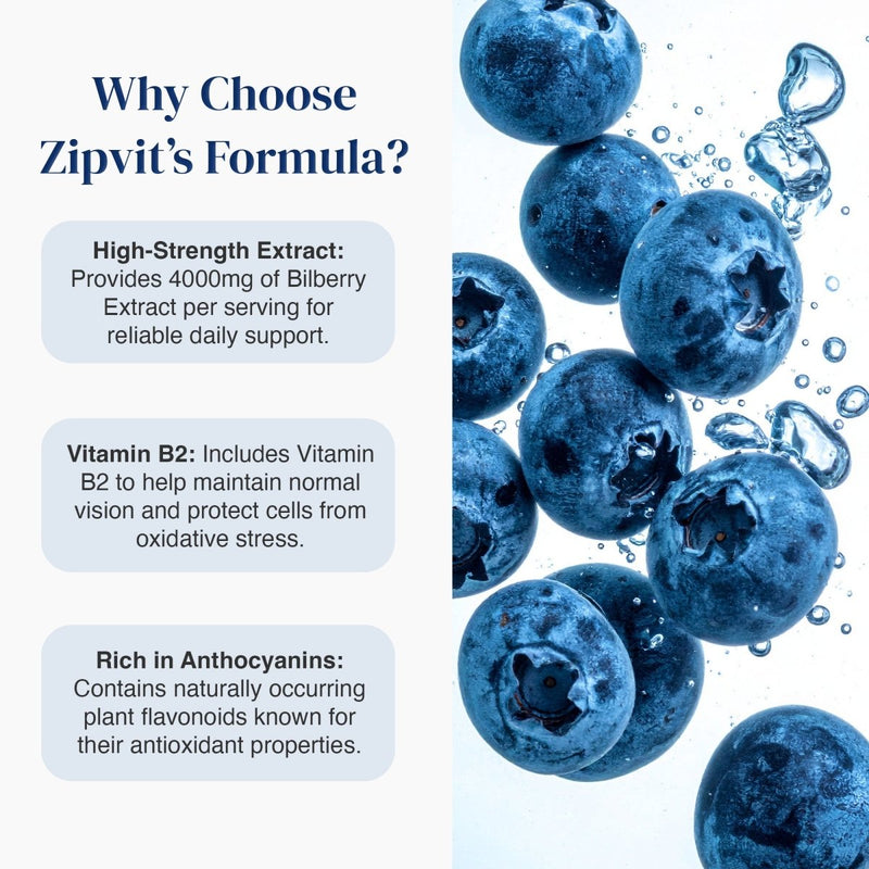 Promotional graphic for Zipit's Formula highlighting key benefits: high-strength bilberry extract, Vitamin B2, and rich anthocyanins, paired with a visual of fresh blueberries floating in water on the right.