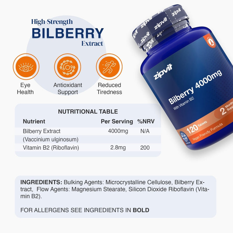A bottle of zipvit Bilberry 4000mg dietary supplement shown on a light gray background with product information, icons, and a nutritional table.