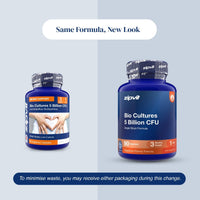 Two blue supplement bottles labeled zipvit Bio Cultures 5 Billion CFU, shown side by side on a light gray background with text reading 'Same Formula, New Look' and a note about minimizing waste.