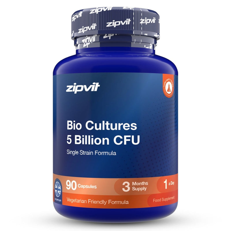 A blue plastic bottle of zipvit Bio Cultures 5 Billion CFU single strain food supplement, featuring a dark blue label with white text and orange accents, on a white background.