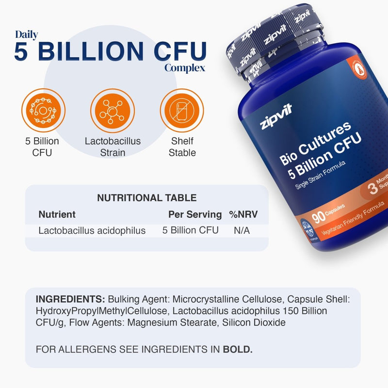 A blue bottle of zipvi Bio Cultures 5 Billion CFU Single Bean Formula supplement shown on a light gray background with feature icons, a nutritional table, and ingredient text.