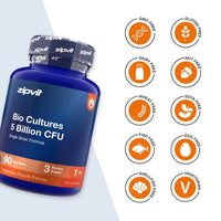A blue bottle of zipvit Bio Cultures 5 Billion CFU single strain formula food supplement shown next to a column of orange circular icons indicating it is GMO Free, Gluten Free, Dairy Free, Nut Free, Wheat Free, Soya Free, Fish Free, Egg Free, Shell/Fish Free, and Vegetarian.
