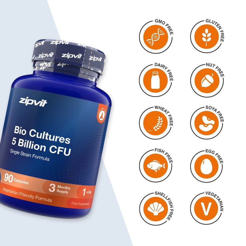 A blue bottle of zipvit Bio Cultures 5 Billion CFU single strain formula food supplement shown next to a column of orange circular icons indicating it is GMO Free, Gluten Free, Dairy Free, Nut Free, Wheat Free, Soya Free, Fish Free, Egg Free, Shell/Fish Free, and Vegetarian.