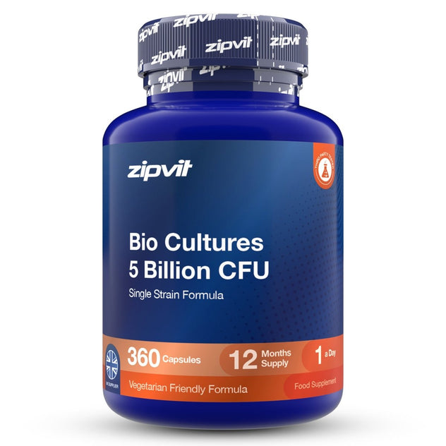 A blue plastic bottle of zipvit Bio Cultures 5 Billion CFU single strain formula, containing 360 vegetarian friendly capsules, with a dark blue cap and orange and white label accents.