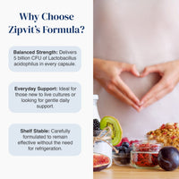 Promotional graphic for Zipvit's Formula featuring three text callouts on the left and a lifestyle photo on the right of hands forming a heart shape over a plate of probiotic-rich foods like kiwi, berries, and ginseng. The left side reads: 'Why Choose Zipvit's Formula?' with bullet points about balanced strength, everyday support, and shelf stability.