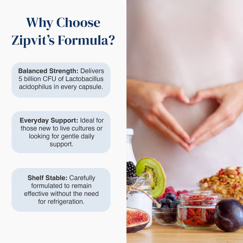 Promotional graphic for Zipvit's Formula featuring three text callouts on the left and a lifestyle photo on the right of hands forming a heart shape over a plate of probiotic-rich foods like kiwi, berries, and ginseng. The left side reads: 'Why Choose Zipvit's Formula?' with bullet points about balanced strength, everyday support, and shelf stability.