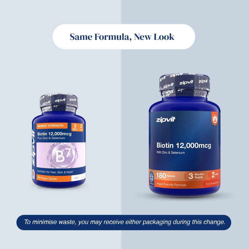 Two blue supplement bottles of Zipvit biotin are shown on a light gray background with text reading 'Same Formula, New Look' and a note about minimizing waste.