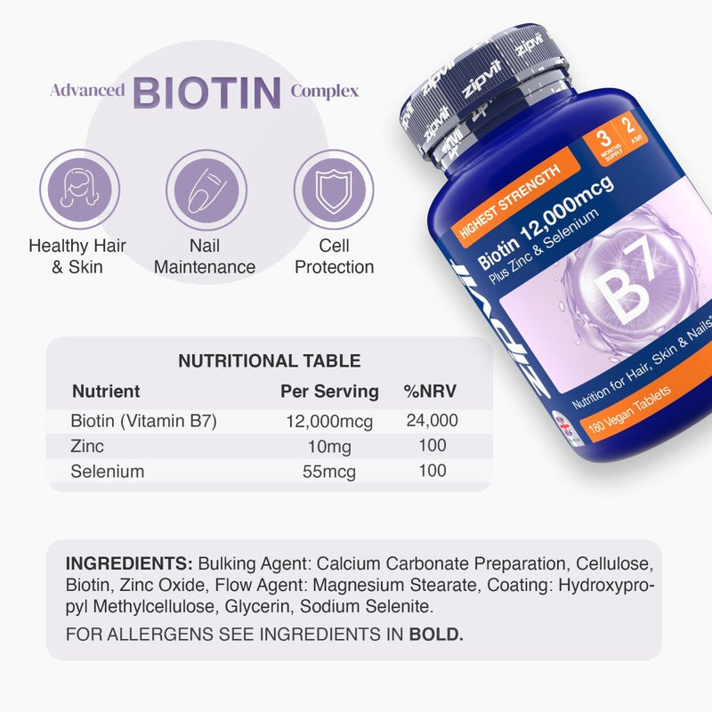 Biotin 12,000mcg Complex product image with three icons for hair skin and nails, plus a nutrition table beside the angled bottle.