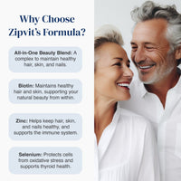 Promotional graphic for Zipit's Formula featuring a smiling couple on the right and text on the left explaining benefits like all-in-one beauty blend, biotin, zinc, and selenium.