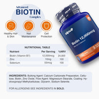 A bottle of zipvit Biotin 12,000mcg dietary supplement shown on a light gray background with informational graphics, including a circular 'Advanced Biotin Complex' label, three orange icon callouts, a nutritional table, and ingredients text.