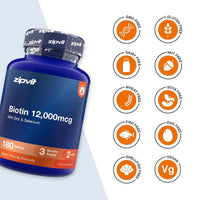 A blue bottle of zipvit Biotin 12,000mcg dietary supplement shown on a white background with multiple orange circular icons indicating product attributes such as GMO free, gluten free, dairy free, nut free, wheat free, soy free, fish free, egg free, shellfish free, and vegan.
