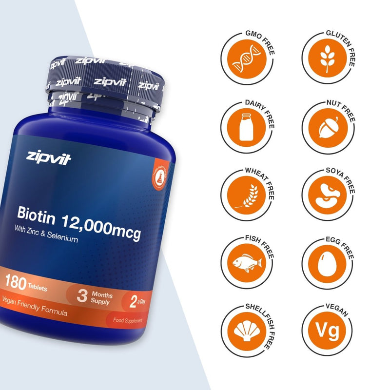 A blue bottle of zipvit Biotin 12,000mcg dietary supplement shown on a white background with multiple orange circular icons indicating product attributes such as GMO free, gluten free, dairy free, nut free, wheat free, soy free, fish free, egg free, shellfish free, and vegan.