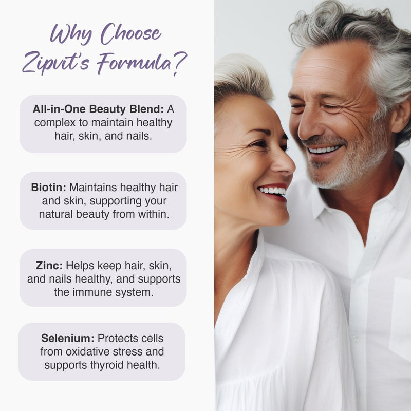 Why Choose Zipvit's Formula infographic with four rounded benefit blocks and a smiling couple beside the Biotin bottle.