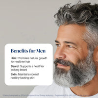 A man with gray hair and a gray beard shown in profile against a light gray background, with a white text box listing benefits for men related to hair, beard, and skin. Small regulatory text appears along the bottom edge.