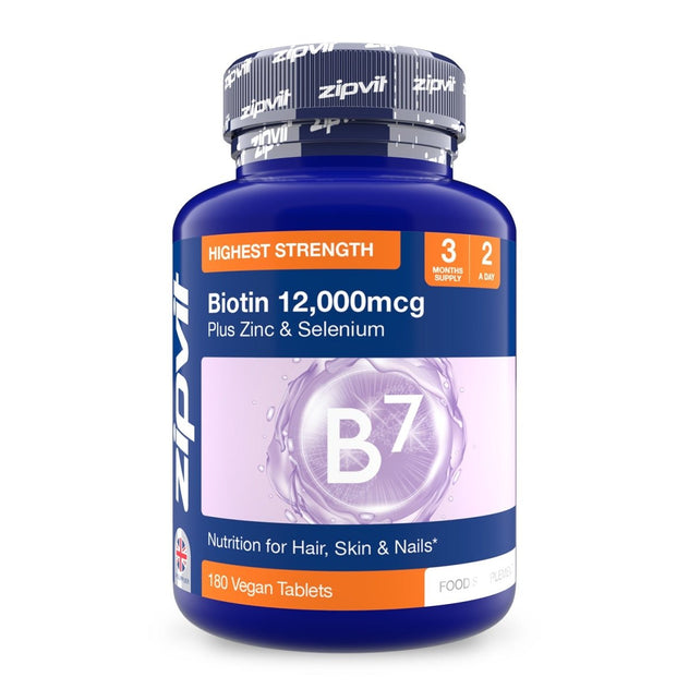 Blue Biotin 12 000mcg Plus Zinc Selenium bottle with label Nutrition for Hair Skin Nails and 180 Vegan Tablets.