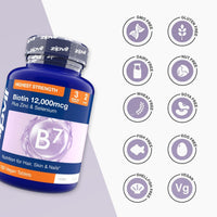 Blue Biotin 12,000mcg supplement bottle with zinc and selenium, 180 vegan tablets, highest strength