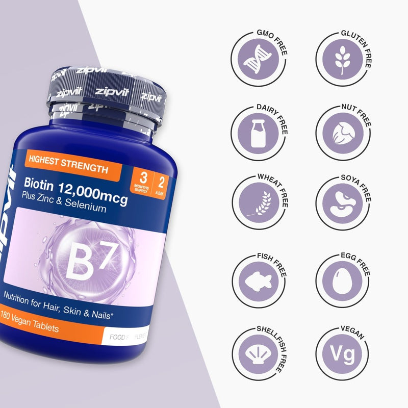 Blue Biotin 12,000mcg supplement bottle with zinc and selenium, 180 vegan tablets, highest strength