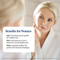 A woman with blonde hair looks at her reflection while wearing a white textured robe. A white text box on the left reads 'Benefits for Women' with bullet points about hair, skin, and nails.